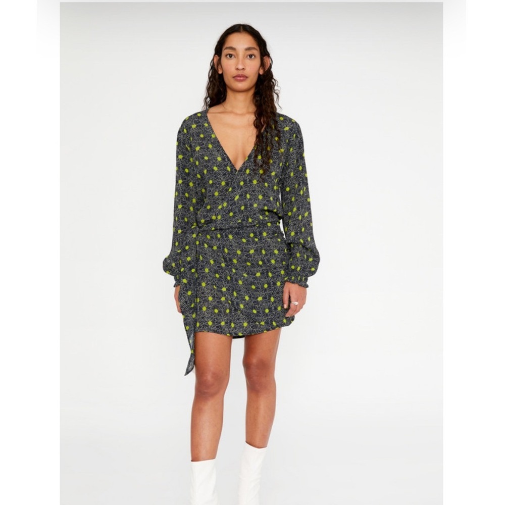 Wild Pony Floral Mini Wrap Dress Black Yellow Daisy Long Sleeve Spring Size XL